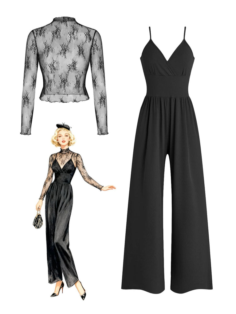 A chic black two-piece set featuring a sheer floral lace high-neck top and a matching wide-leg cami jumpsuit, shown with a vintage illustration.
