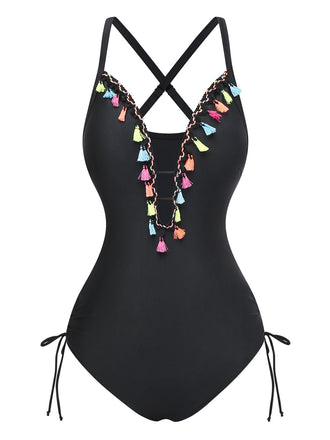 A black one-piece swimsuit featuring a deep V-neckline decorated with colorful hanging tassels and side-tie details.