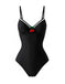 Front studio view of the black pin-up style swimsuit highlighting the contrast trim and cherry accent.
