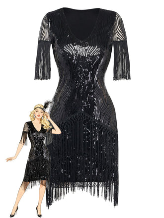 A dazzling black sequin flapper dress featuring fringe sleeves and hem, inspired by 1920s Great Gatsby fashion.