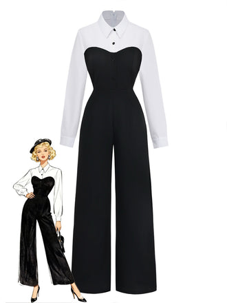 Vintage 1980s black and white mock two-piece jumpsuit with lapel collar modeled for retro professional and power dressing