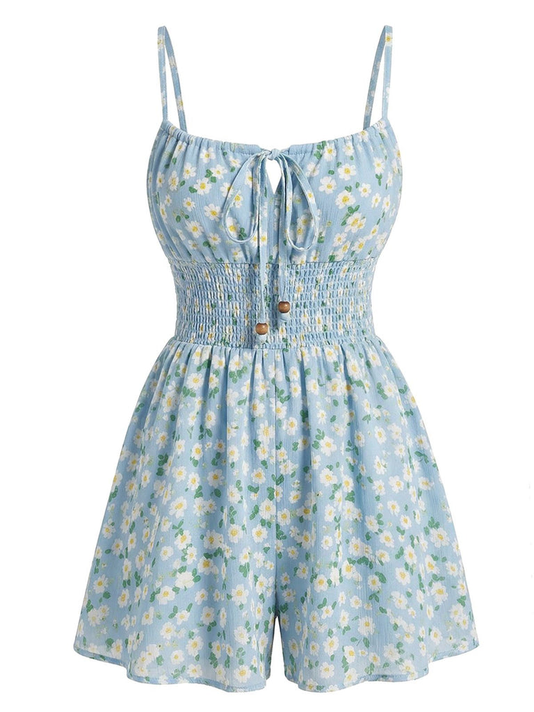 Light Blue 1950s Daisy Smocked Waist Spaghetti Strap Romper - vintage jumpsuit, retro fashion