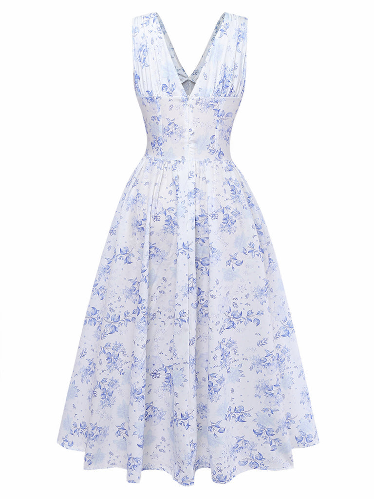 Blue 1950s Floral Deep V Sleeveless Corset Midi Dress back-view