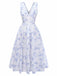 Blue 1950s Floral Deep V Sleeveless Corset Midi Dress back-view