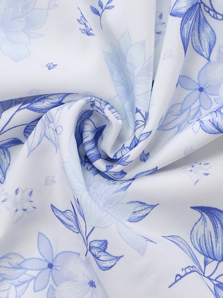 Blue 1950s Floral Deep V Sleeveless Corset Midi Dress fabric-closeup