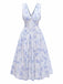 Retro 50s blue floral sleeveless corset dress featuring a plunging V-neckline, ideal for elegant garden parties.