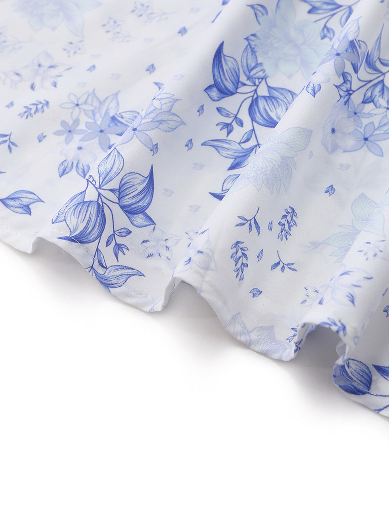 Blue 1950s Floral Deep V Sleeveless Corset Midi Dress hemline-detail