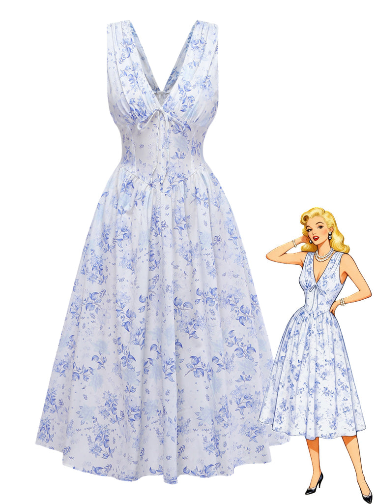 Vintage 1950s blue floral midi dress with a corset waist and deep V-neck, perfect for a summer wedding guest look.