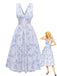 Vintage 1950s blue floral midi dress with a corset waist and deep V-neck, perfect for a summer wedding guest look.