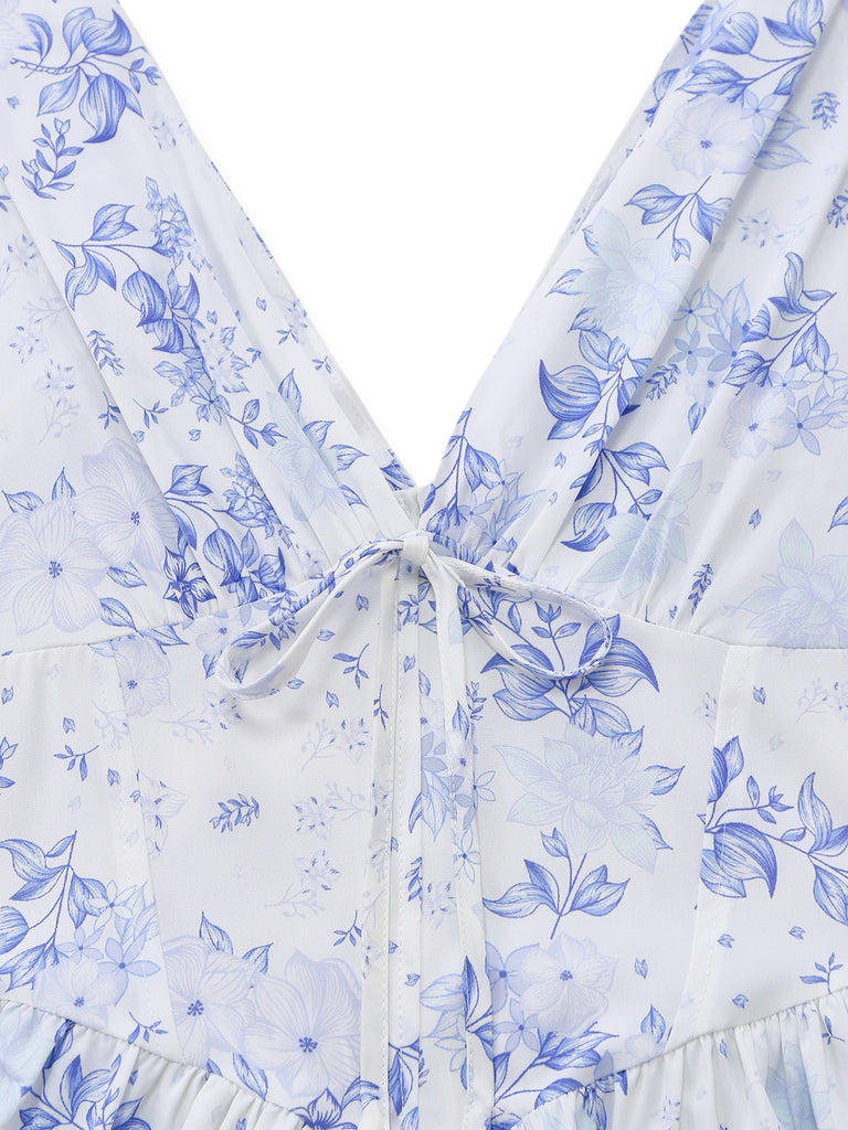 Blue 1950s Floral Deep V Sleeveless Corset Midi Dress neckline closeup