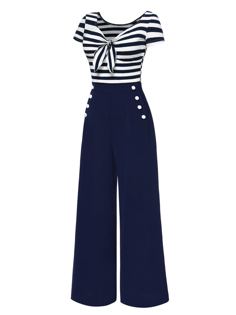 Red 1950s Hollow Bow Stripe Patchwork Jumpsuit