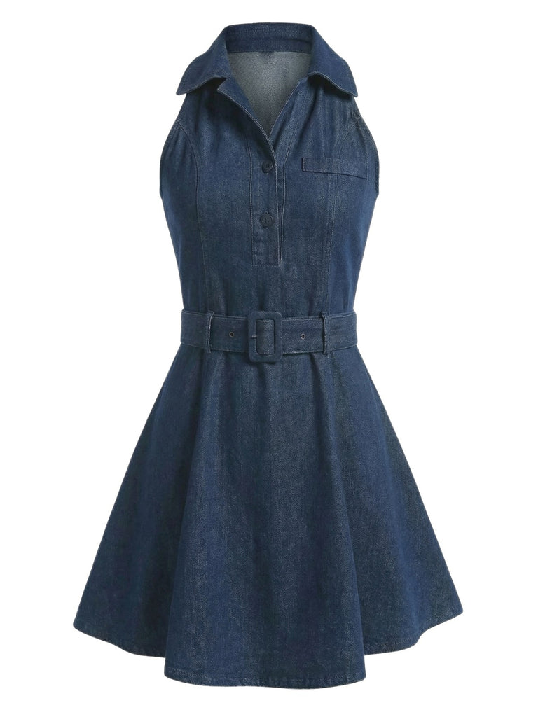 Vintage blue denim mini dress with halter neckline and sleeveless design in 1960s mod style, perfect for casual outings and retro-themed events