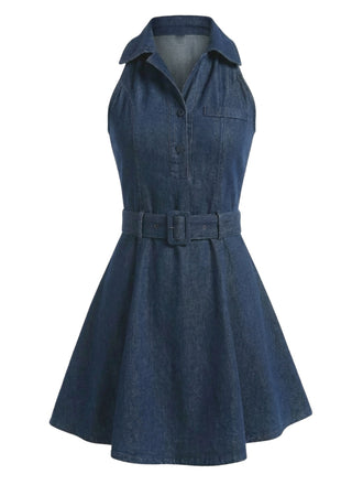 Vintage blue denim mini dress with halter neckline and sleeveless design in 1960s mod style, perfect for casual outings and retro-themed events