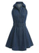 Vintage blue denim mini dress with halter neckline and sleeveless design in 1960s mod style, perfect for casual outings and retro-themed events