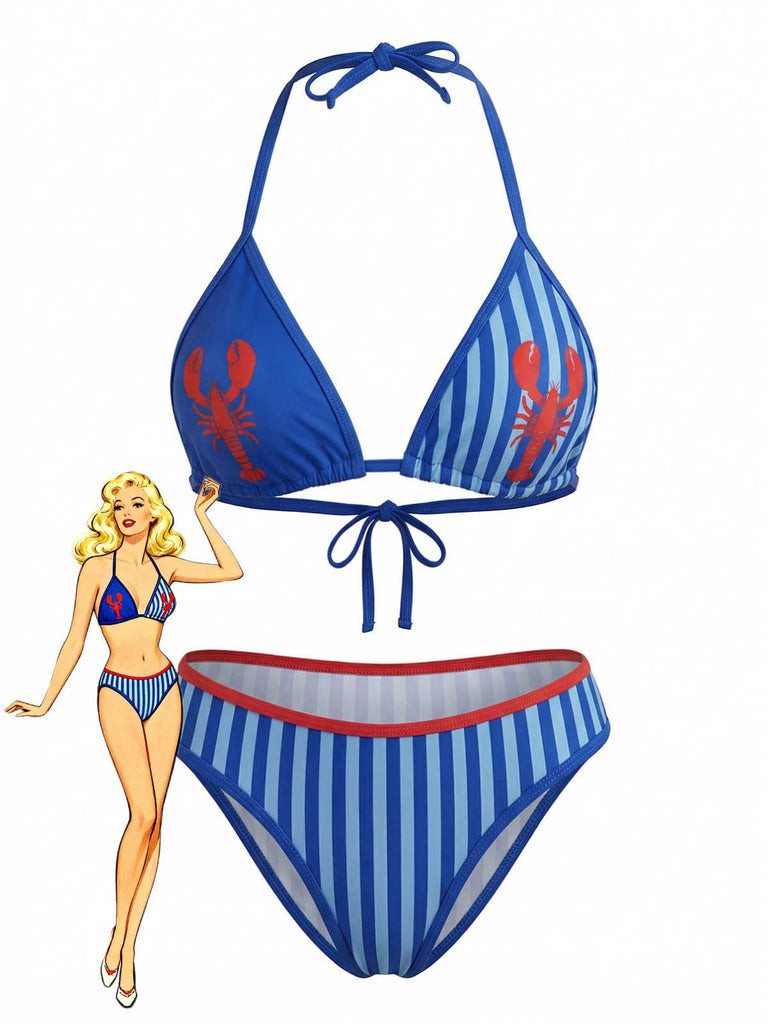 A two-piece bikini set featuring a blue and light blue vertical striped pattern with red lobster motifs, including a triangle halter top and matching bottoms.