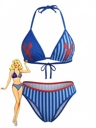 A two-piece bikini set featuring a blue and light blue vertical striped pattern with red lobster motifs, including a triangle halter top and matching bottoms.