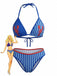 A two-piece bikini set featuring a blue and light blue vertical striped pattern with red lobster motifs, including a triangle halter top and matching bottoms.