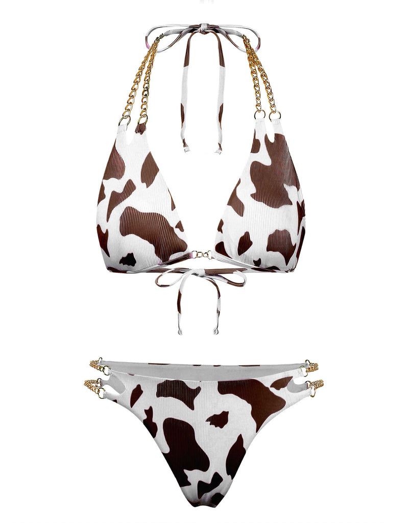Front view of the bikini set in a brown and white cow print colorway.