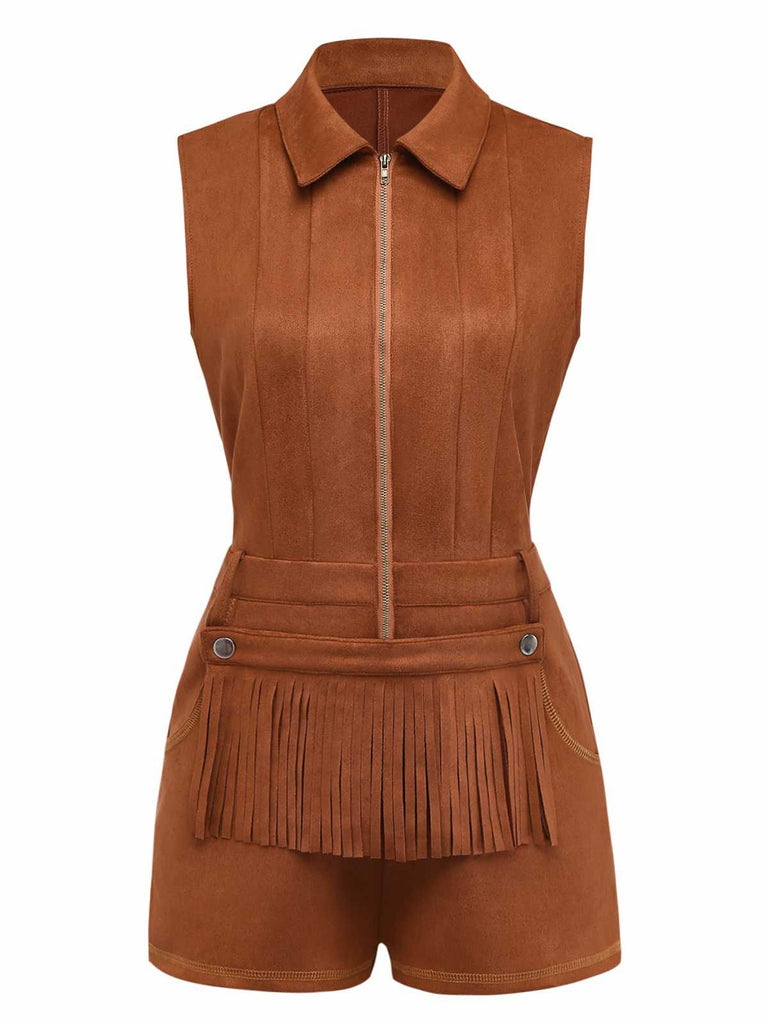 A brown faux suede sleeveless romper featuring a collared neckline, front zipper closure, and a decorative fringe panel across the waist.