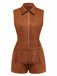 A brown faux suede sleeveless romper featuring a collared neckline, front zipper closure, and a decorative fringe panel across the waist.