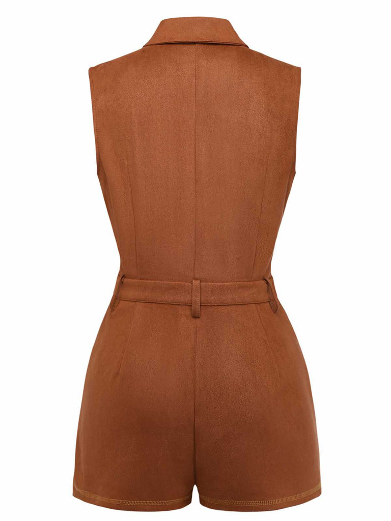 Rear view of the brown suede-style romper showcasing the fitted waist and high-back design.