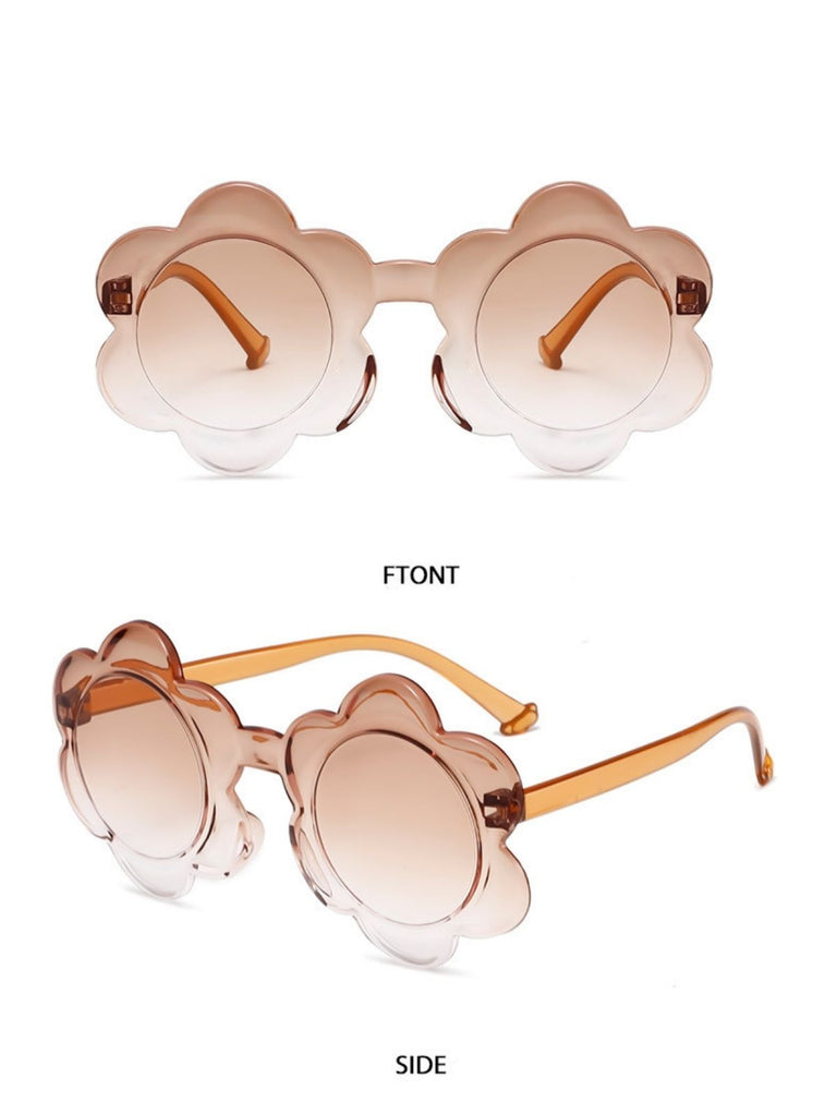 Classic brown gradient flower-shaped shades with transparent amber frames viewed from the front and side.