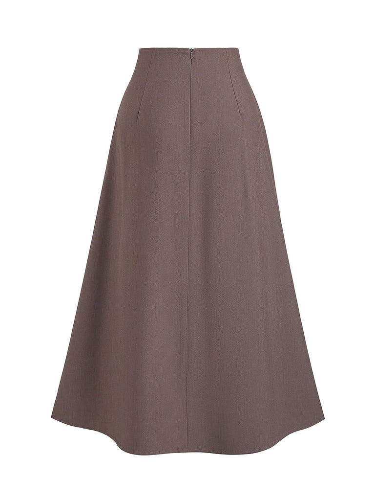 Back view of the solid brown high-waisted midi skirt showing the smooth A-line silhouette and clean hemline.