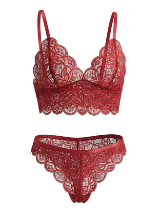 A luxurious burgundy lace lingerie set featuring a wireless scalloped edge bralette and matching high-leg lace panties.