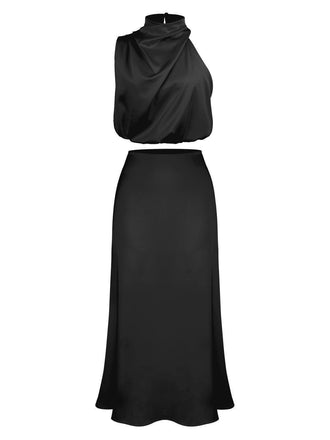 2PCS 1930s Solid Satin Mock Collar Top & Fishtail Skirt