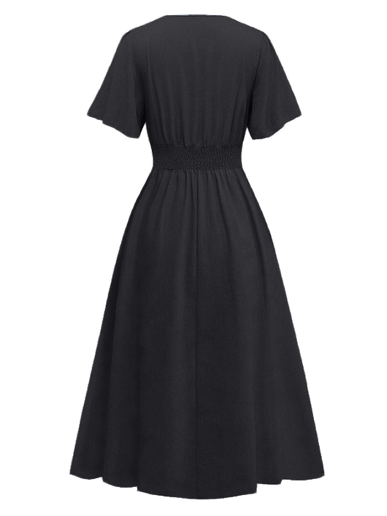 1940s V-Neck Ruffled Sleeve Slit Dress