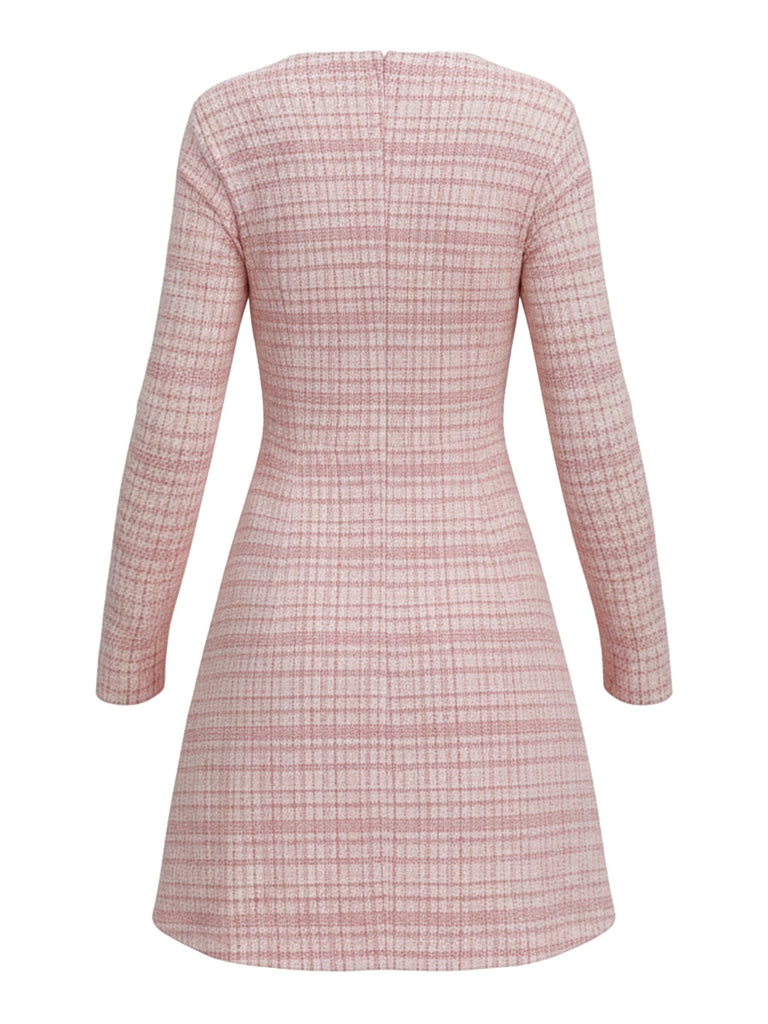 Pink 1960s Plaid Tweed Buttoned Square Neck Dress