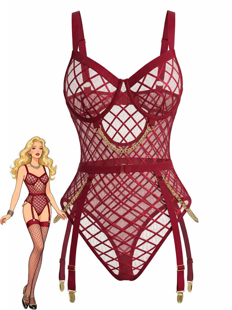 1970s Strappy Chain Accents Sheer Mesh Lingerie