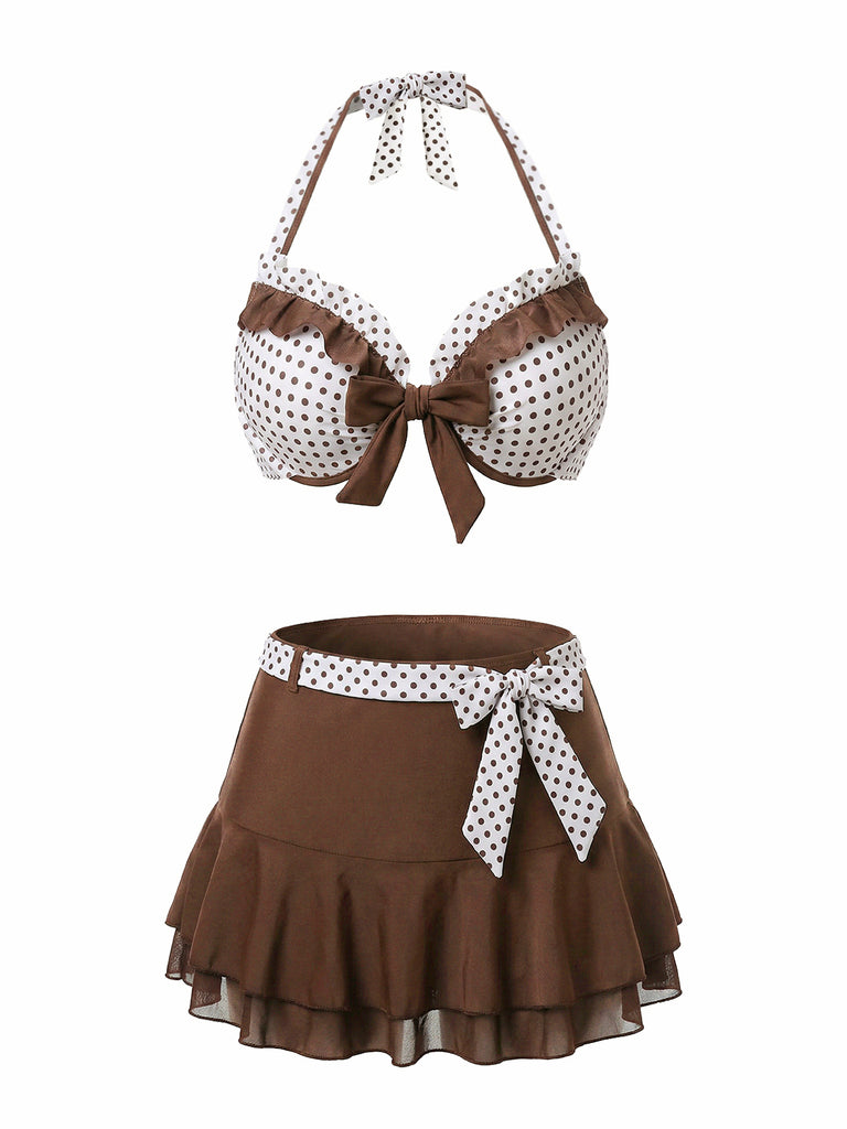 [Pre-Sale] 3PCS Brown 1970s Polka Dot Ruffle Halter Swimsuit Set