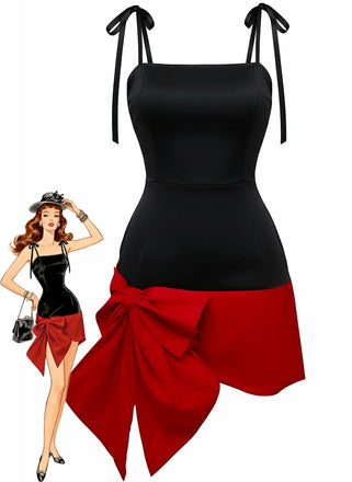 Black 1960s Square Neck Red Bow Tie Dress
