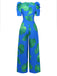 Blue 1970s Boho V-Neck Tropical Palm Leaf Jumpsuit