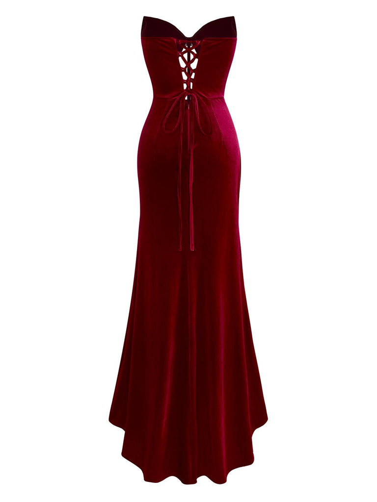 Burgundy 1980s Velvet Strapless Slit Dress