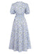 Blue 1950s Floral V-Neck Puff-Sleeve Slit Midi Dress