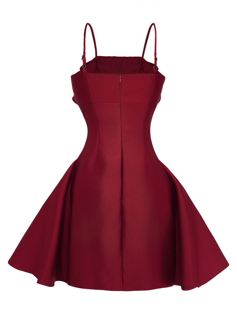 Wine Red 1960s Solid 3D Floral Short Dress