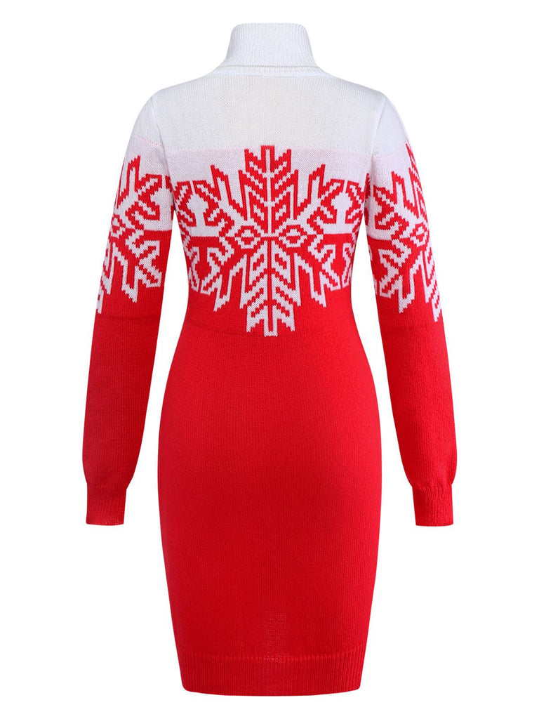 Red & White 1960s Snowflake Turtleneck Sweater Dress