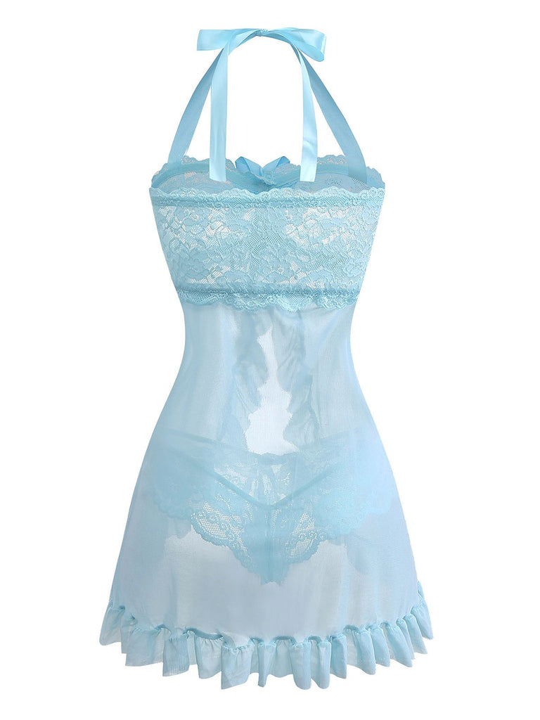 Aqua Blue 1980s Lace Bow Lingerie Set
