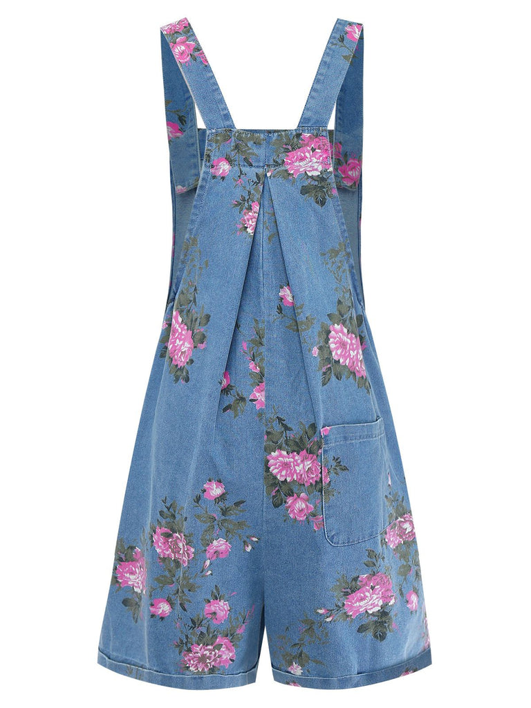 Blue 1960s Denim Floral Wide Strap Romper