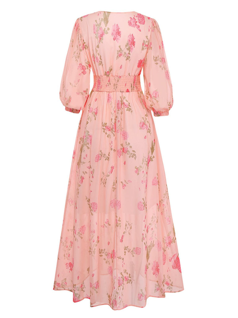 Pale Pink 1930s Floral V-Neck Chiffon Dress