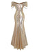 Gold 1980s Off-Shoulder Sequin Party Dress