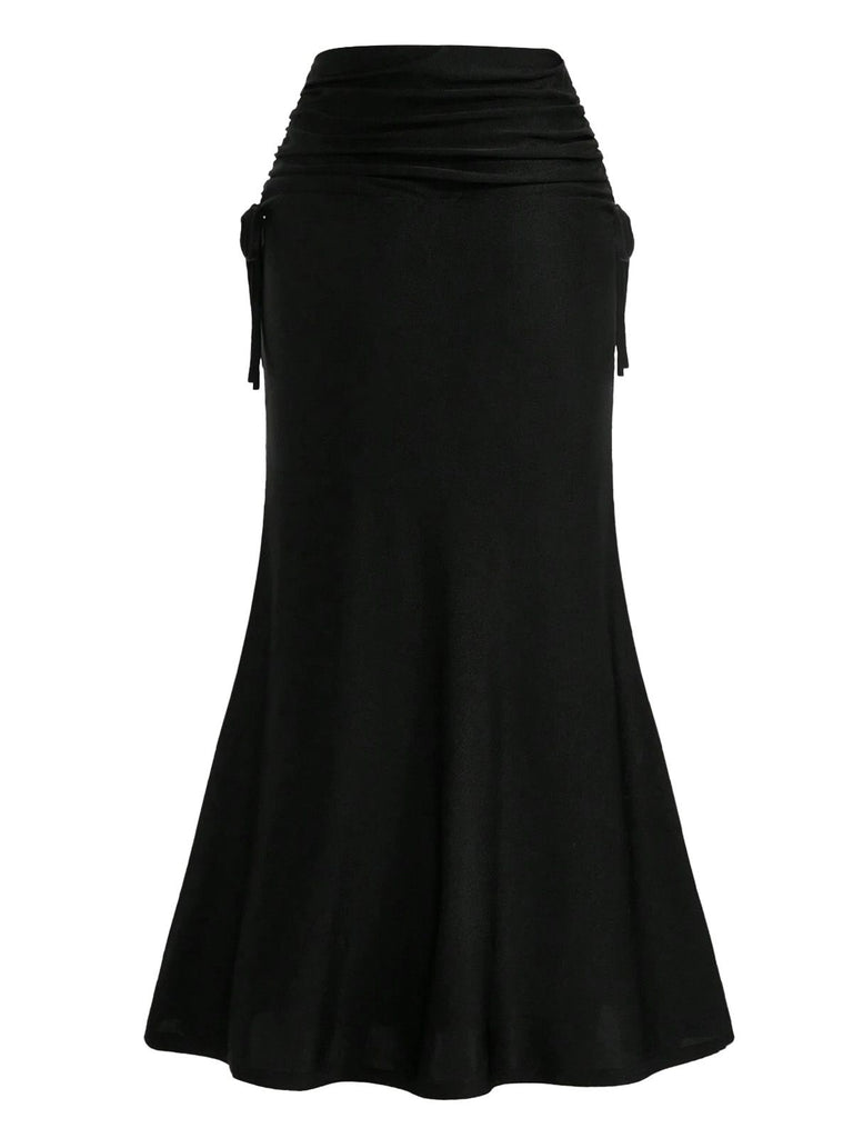 Black 1960s Gothic Ruched Mermaid Maxi Skirt