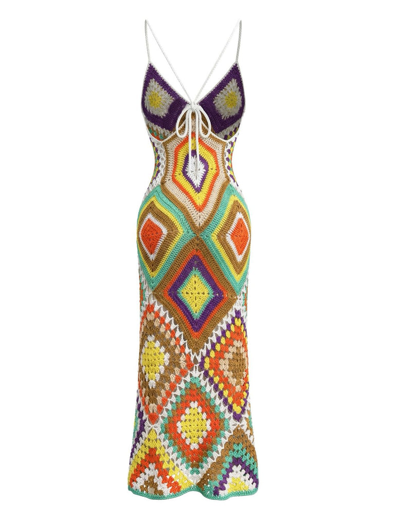 1980s Boho Irregular Print Hand Crochet Cover-Up Dress