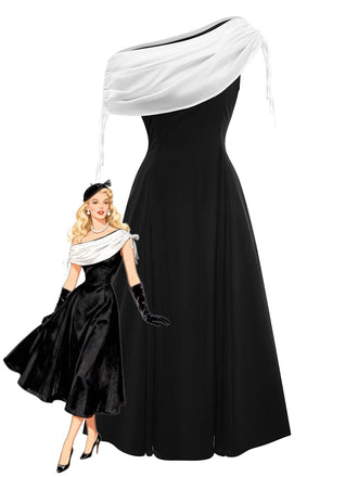 Black 1980s Contrast Off-Shoulder Dress