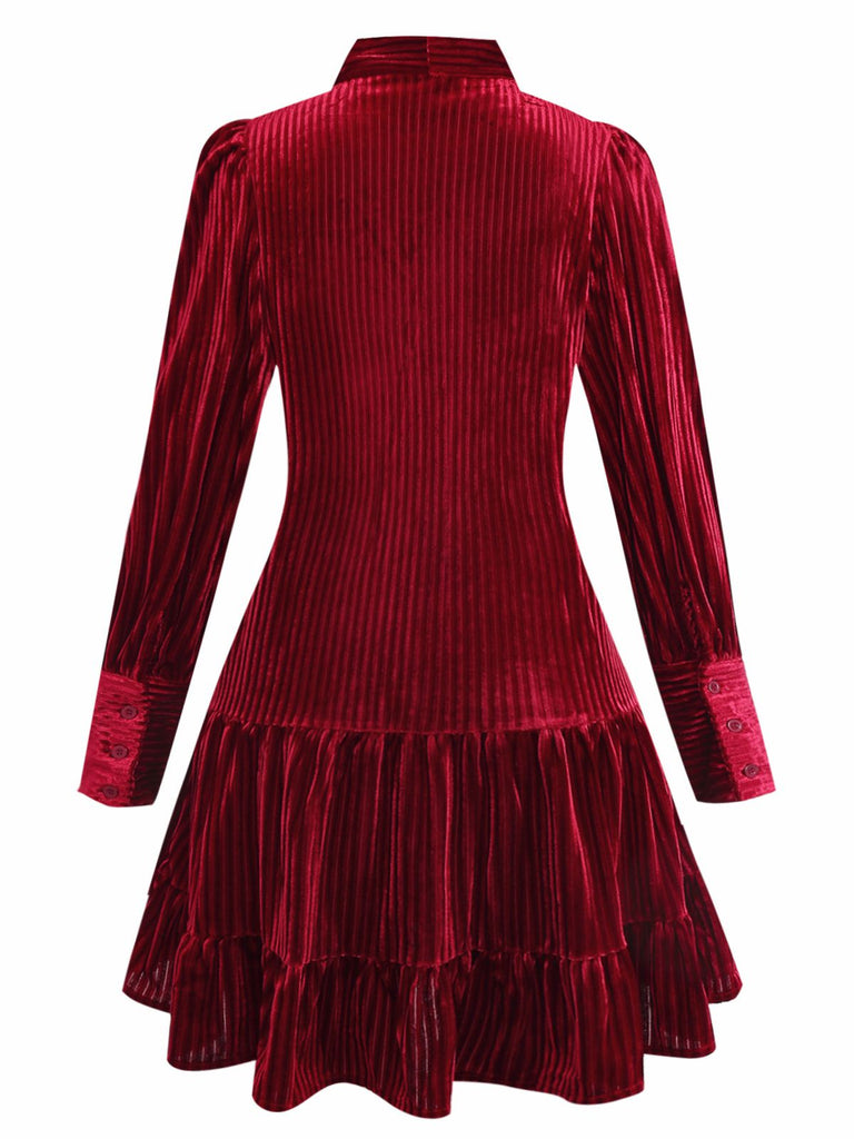 Burgundy 1960s Bow Collar Solid Velvet Ruffle Dress