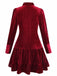 Burgundy 1960s Bow Collar Solid Velvet Ruffle Dress