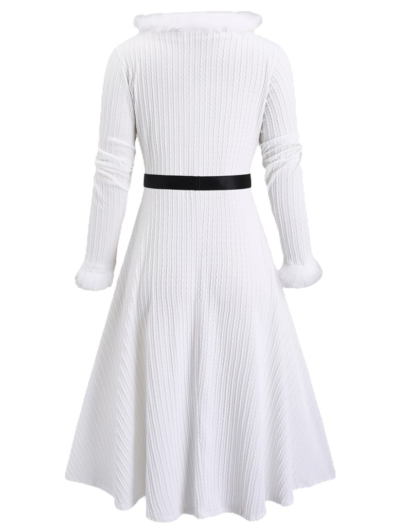 [Plus-Size] White 1940s Fur Collar V-Neck Belted Dress