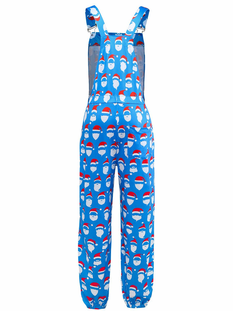 Blue 1960s Santa Claus Print Overalls Jumpsuit